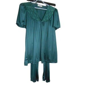Vintage Womans Green Satin PJ Pajama Set Lounge pants Smock Top Vanity Fair Sz S
